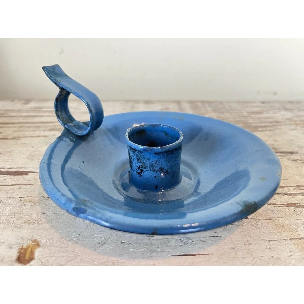 Vintage Enamelware French Farmhouse Candleholder Robin’s Egg Blue + Finger Loop